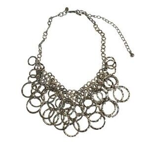 Chico's Multi Hammered Circle Dangle Statement Silver Tone Collar Necklace 18"